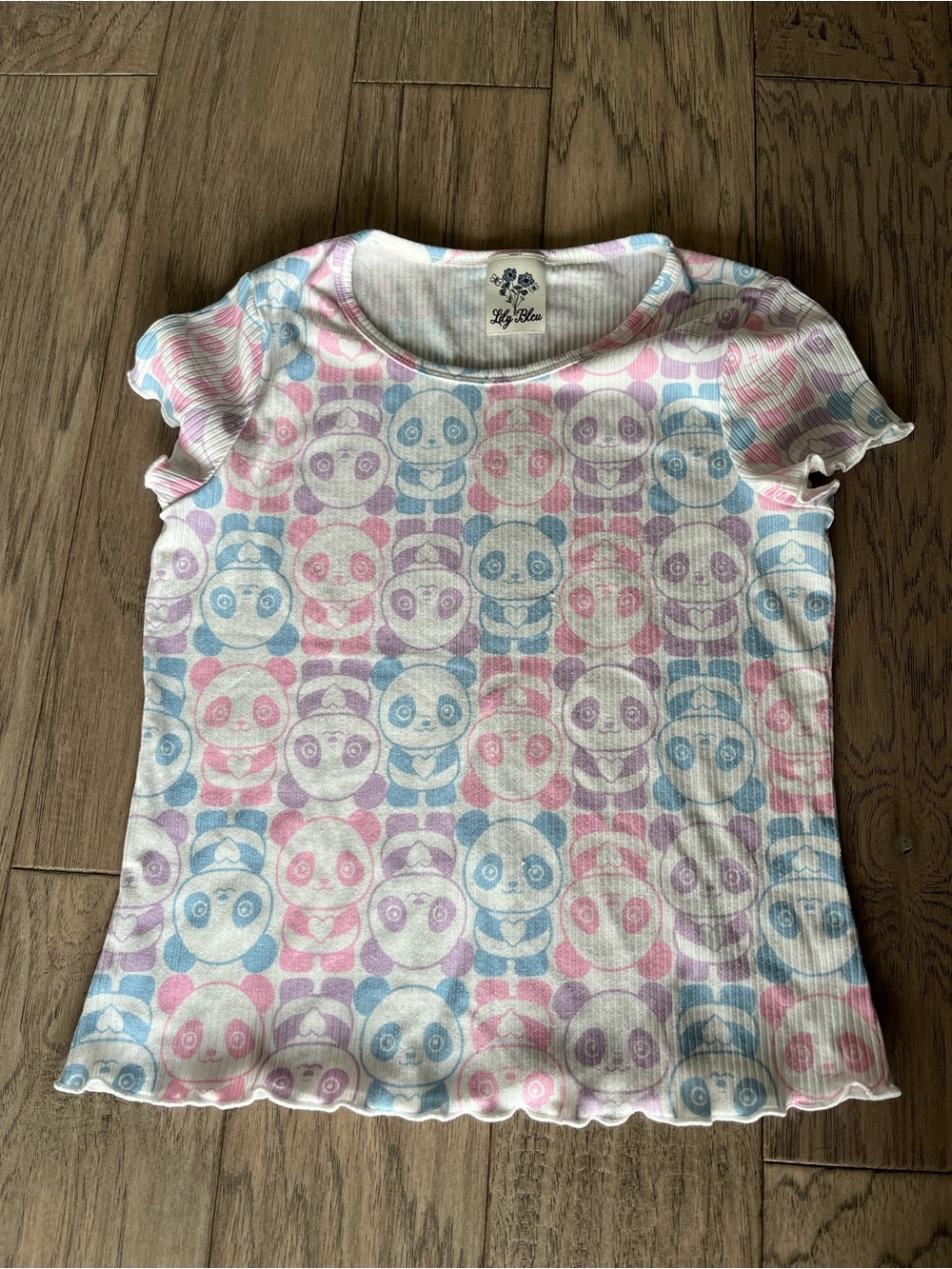 Lily Bleu Pink & Blue Panda-print Ribbed Tee for Kids L 14